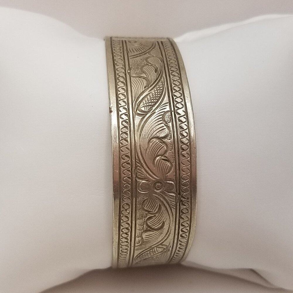 Vintage Silver Embossed Cuff Bracelet, 6 3/8 Length, 3/4 Width, Non-Magnetic